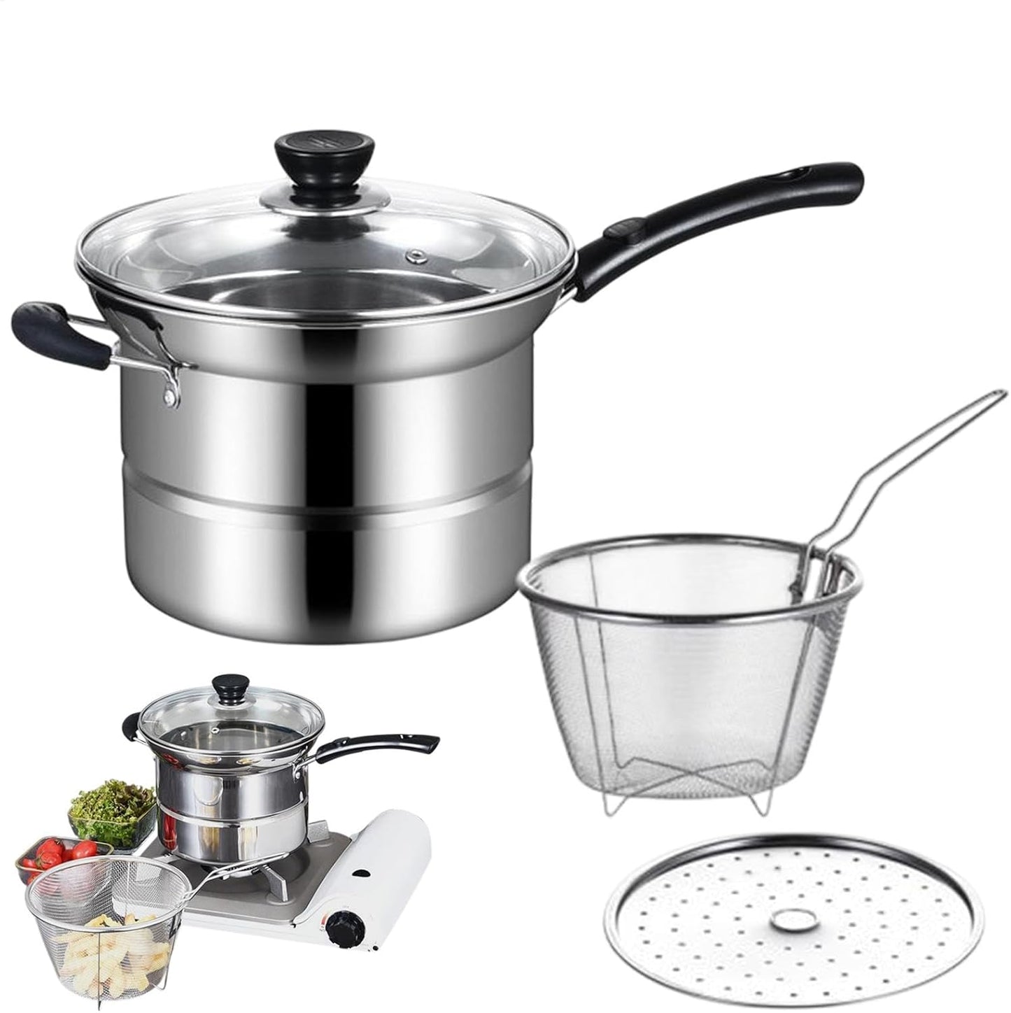 Marmite Friteuse Multifonction en Acier Inoxydable avec Couvercle