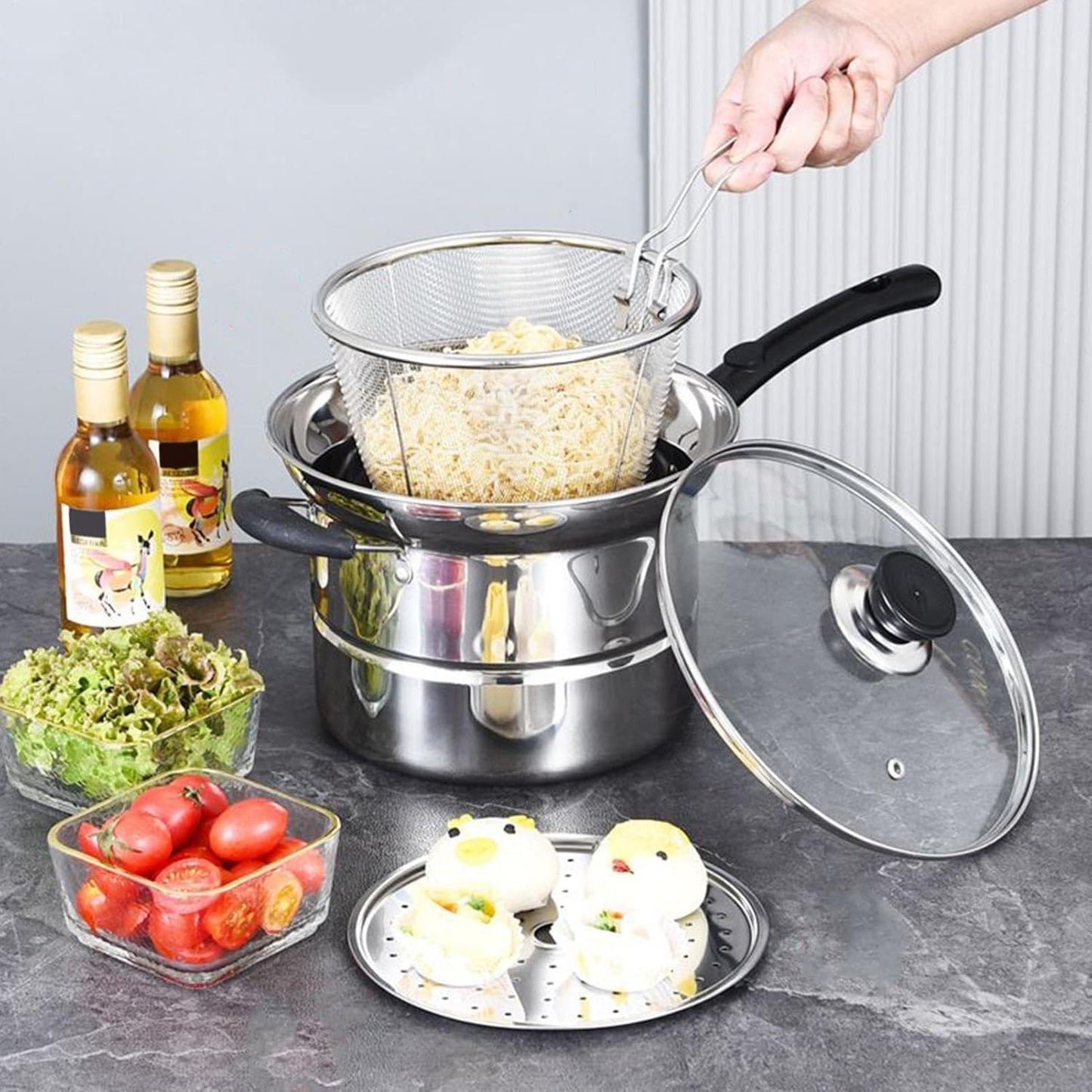 Marmite Friteuse Multifonction en Acier Inoxydable avec Couvercle