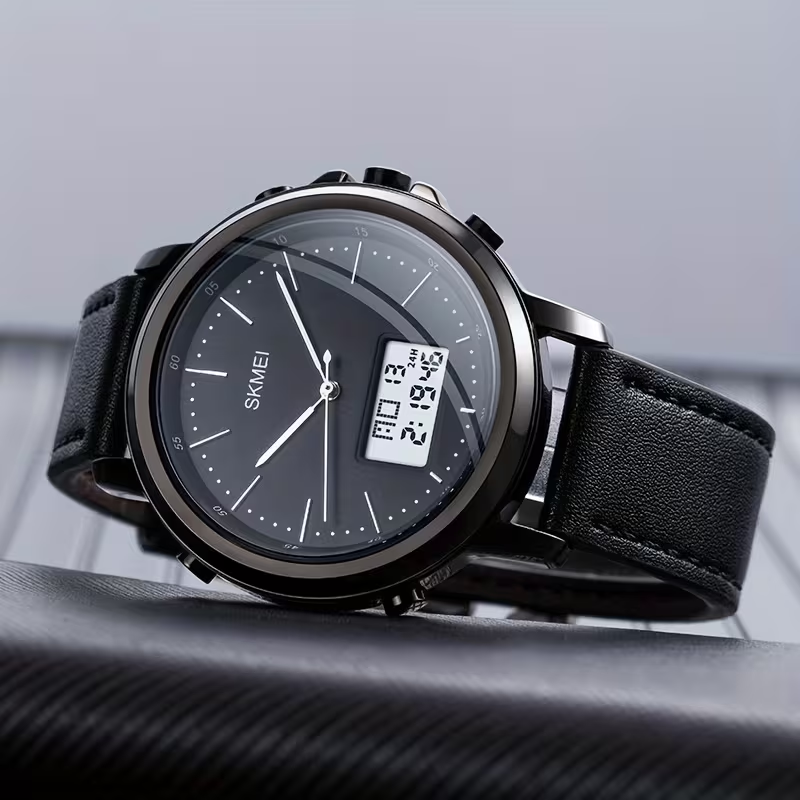 Montre SKMEI Analogique & Digitale, Bracelet Cuir Noir