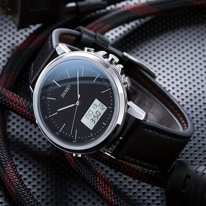 Montre SKMEI Analogique & Digitale, Bracelet Cuir Noir