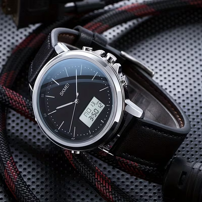 Montre SKMEI Analogique & Digitale, Bracelet Cuir Noir
